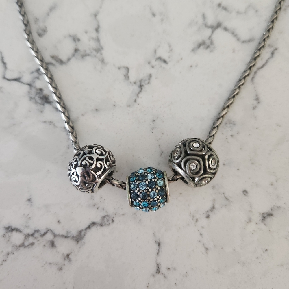 Vintage Brighton Charm Necklace 925 Sterling Silver Plated Blue Rhinestones 18"